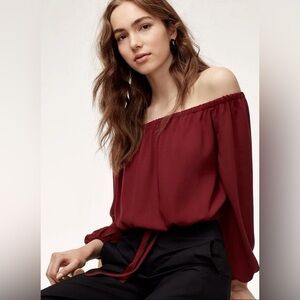 Aritzia Wilfred Eleanor Blouse, Burgundy Red, Off Shoulder, Long Sleeve Medium